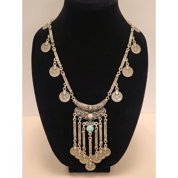 Vintage Pewter Coin Necklace 22" Bohemian Style Gypsy Jewelry - Picture 6 of 7